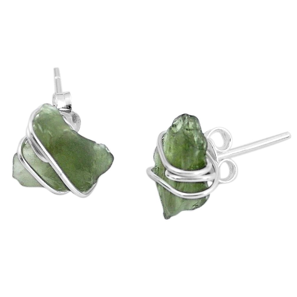 3.70cts natural green moldavite (genuine czech) 925 silver stud earrings p58475
