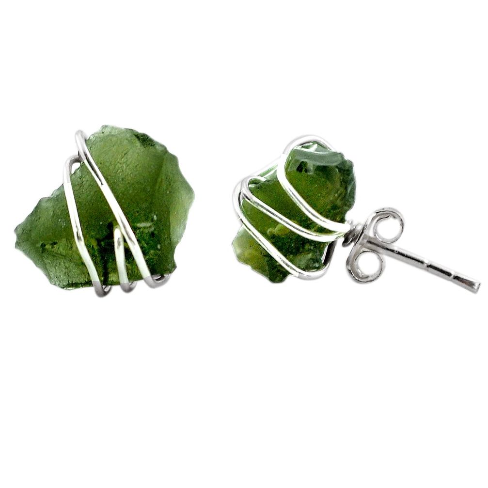 5.68cts natural green moldavite (genuine czech) 925 silver stud earrings p87244