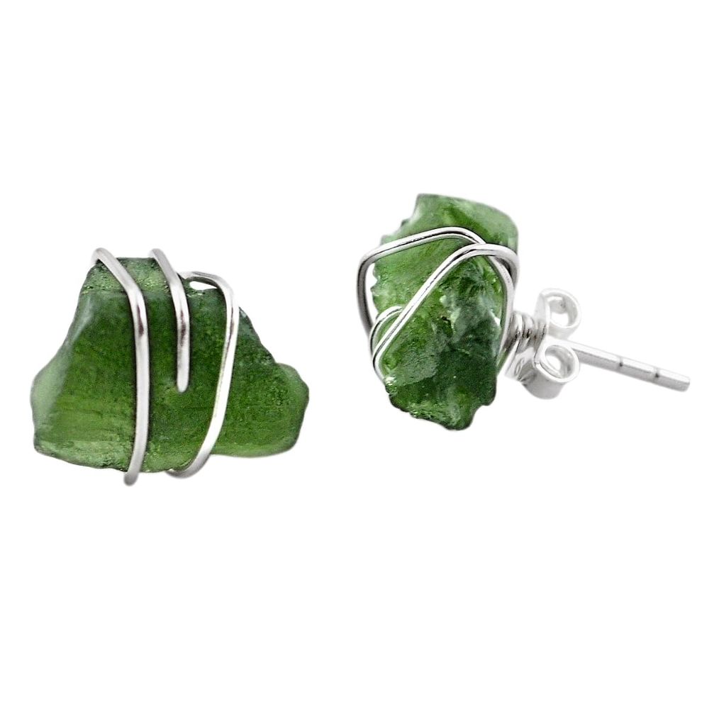 7.14cts natural green moldavite (genuine czech) 925 silver stud earrings p87266