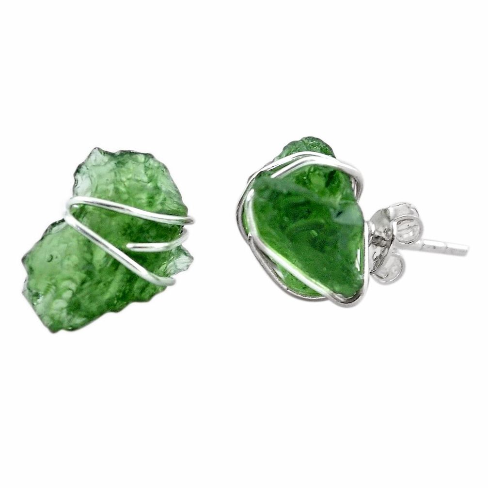 5.74cts natural green moldavite (genuine czech) 925 silver stud earrings p87272