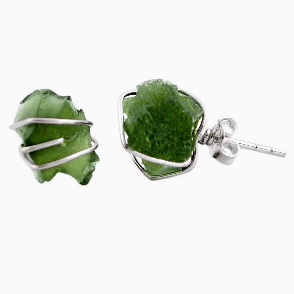 6.22cts natural green moldavite (genuine czech) 925 silver stud earrings p87278