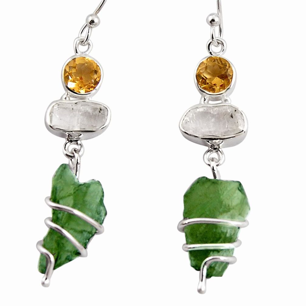 17.53cts natural green moldavite (genuine czech) silver 14k gold earrings p92731