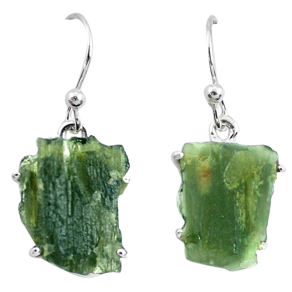 8.78cts natural green moldavite (genuine czech) silver dangle earrings p50327