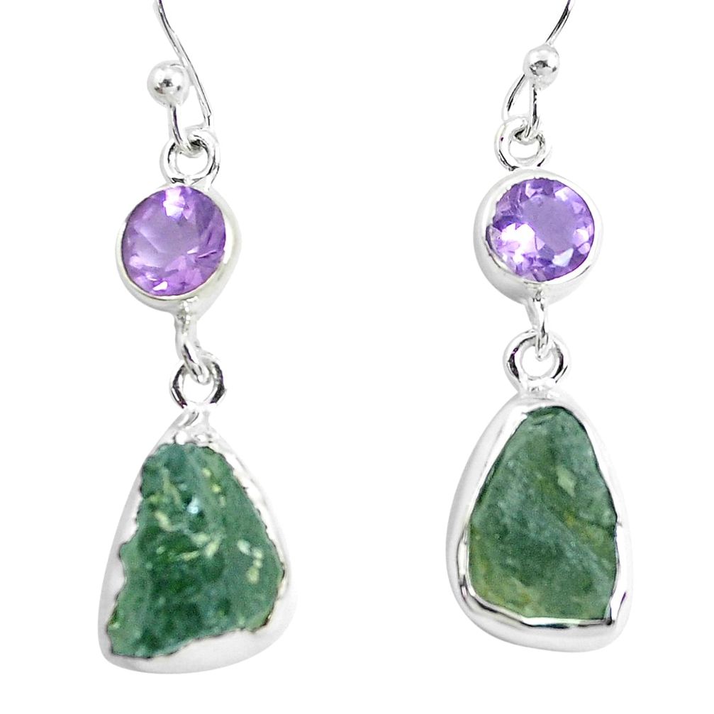 10.79cts natural green moldavite (genuine czech) silver dangle earrings p50332