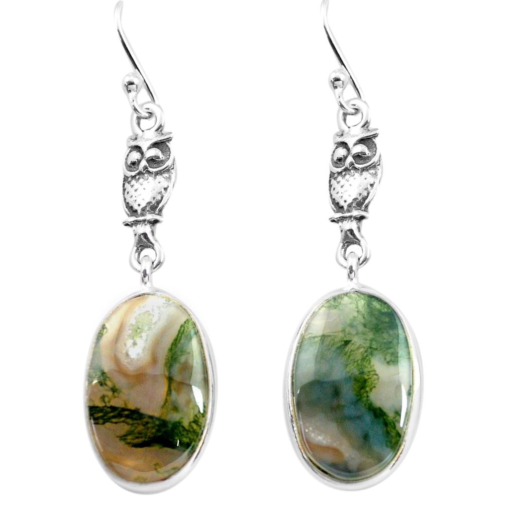 11.73cts natural green moss agate 925 sterling silver owl earrings p72582