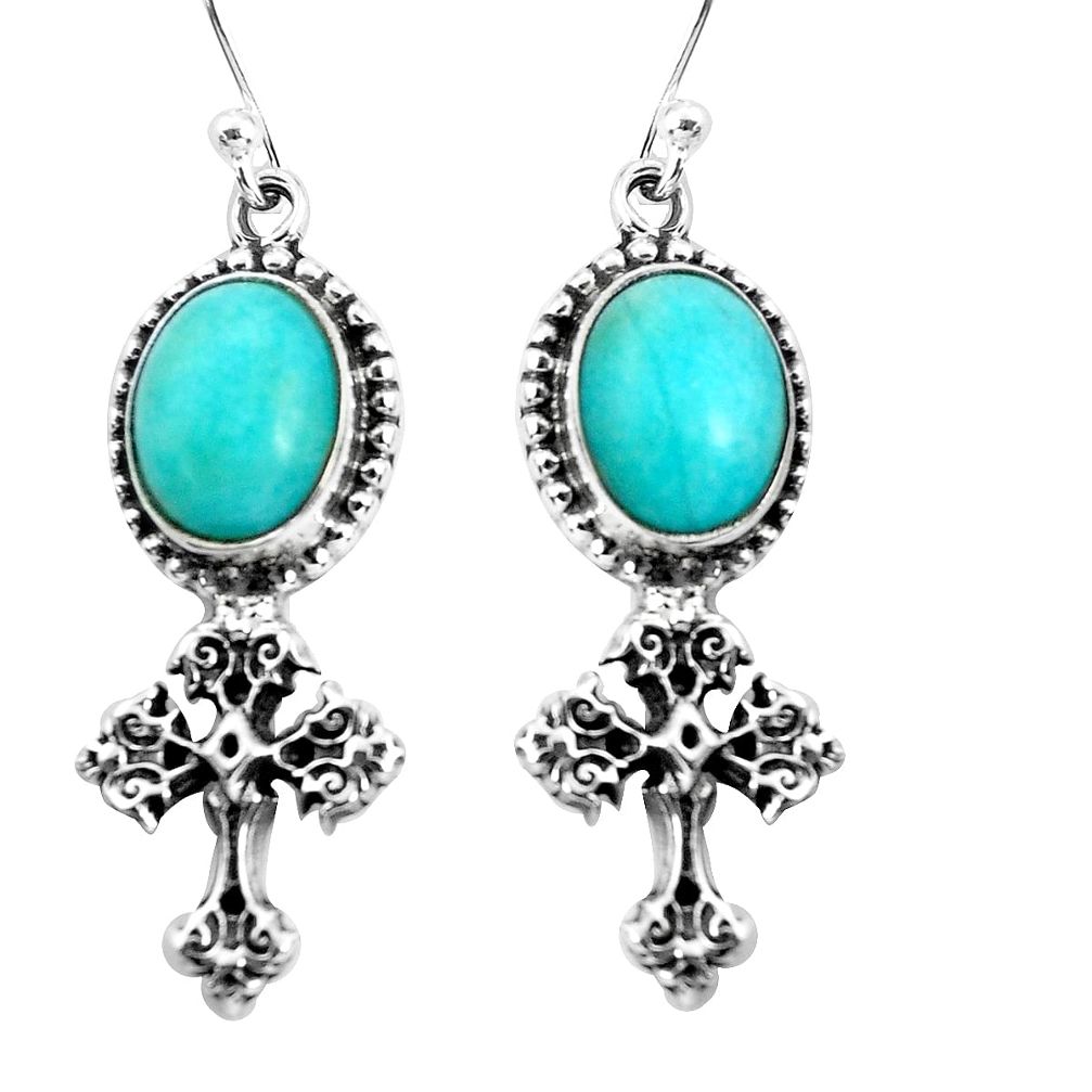 8.76cts natural green peruvian amazonite 925 silver holy cross earrings p54993