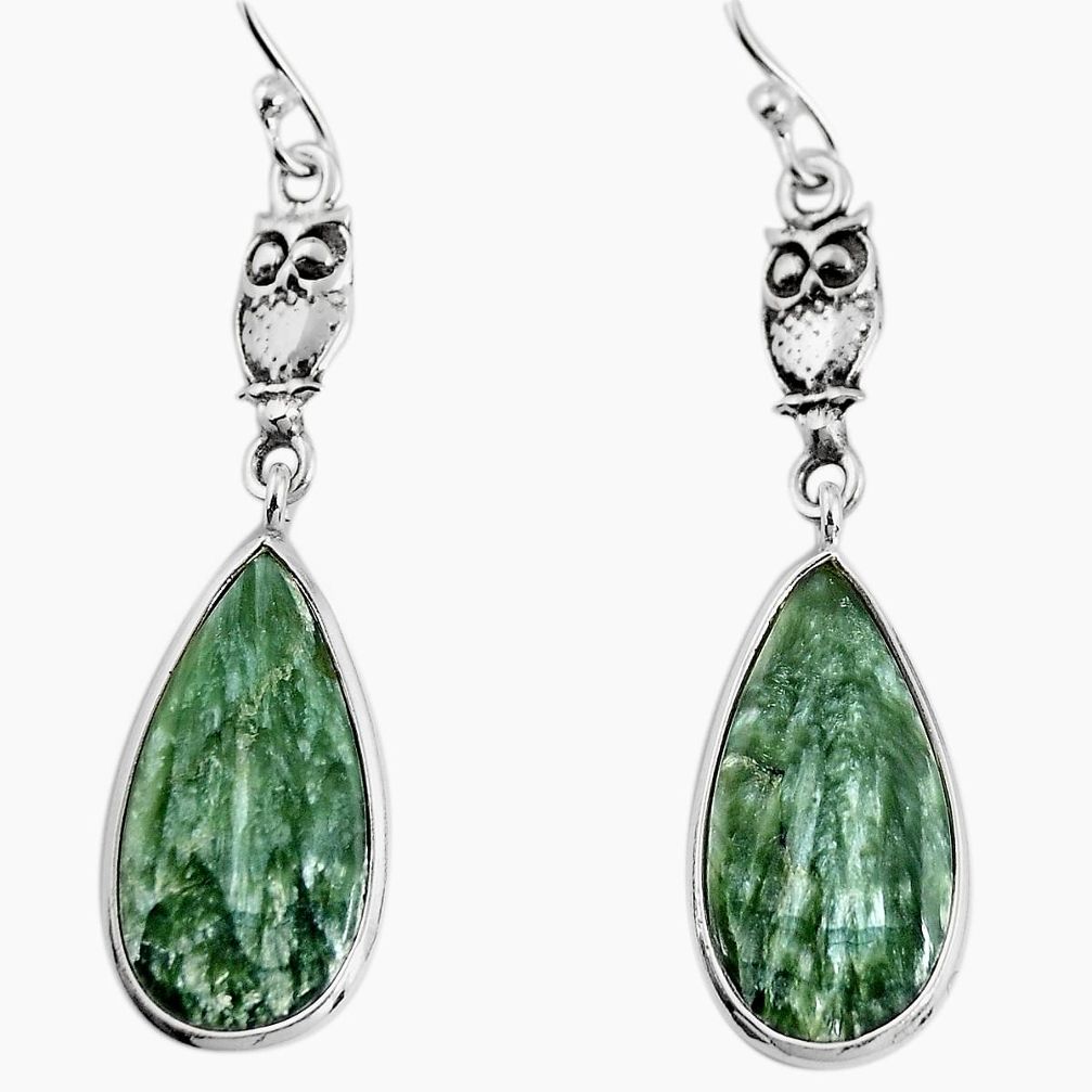 11.93cts natural green seraphinite (russian) 925 silver owl earrings p91915