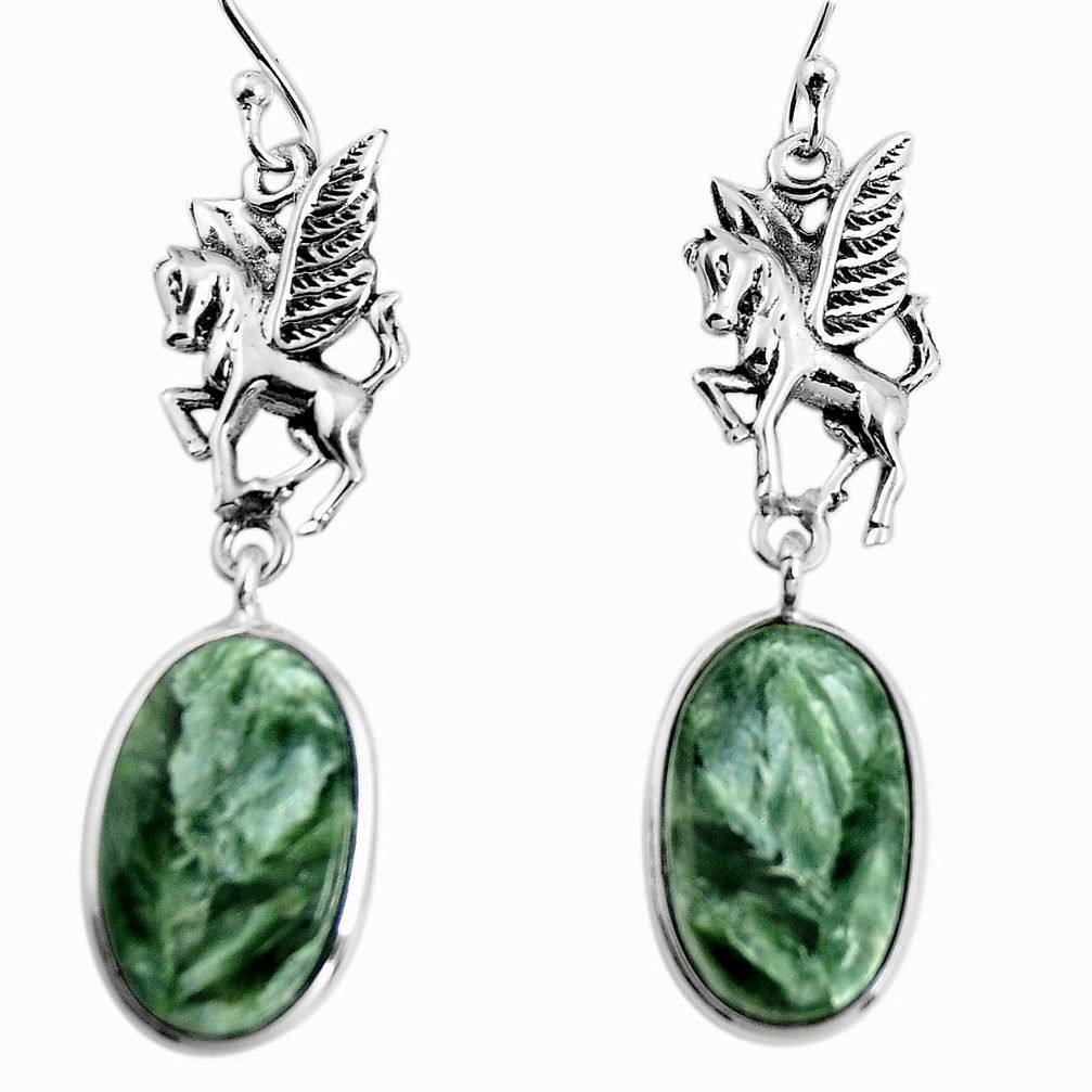 16.28cts natural green seraphinite (russian) 925 silver unicorn earrings p91916