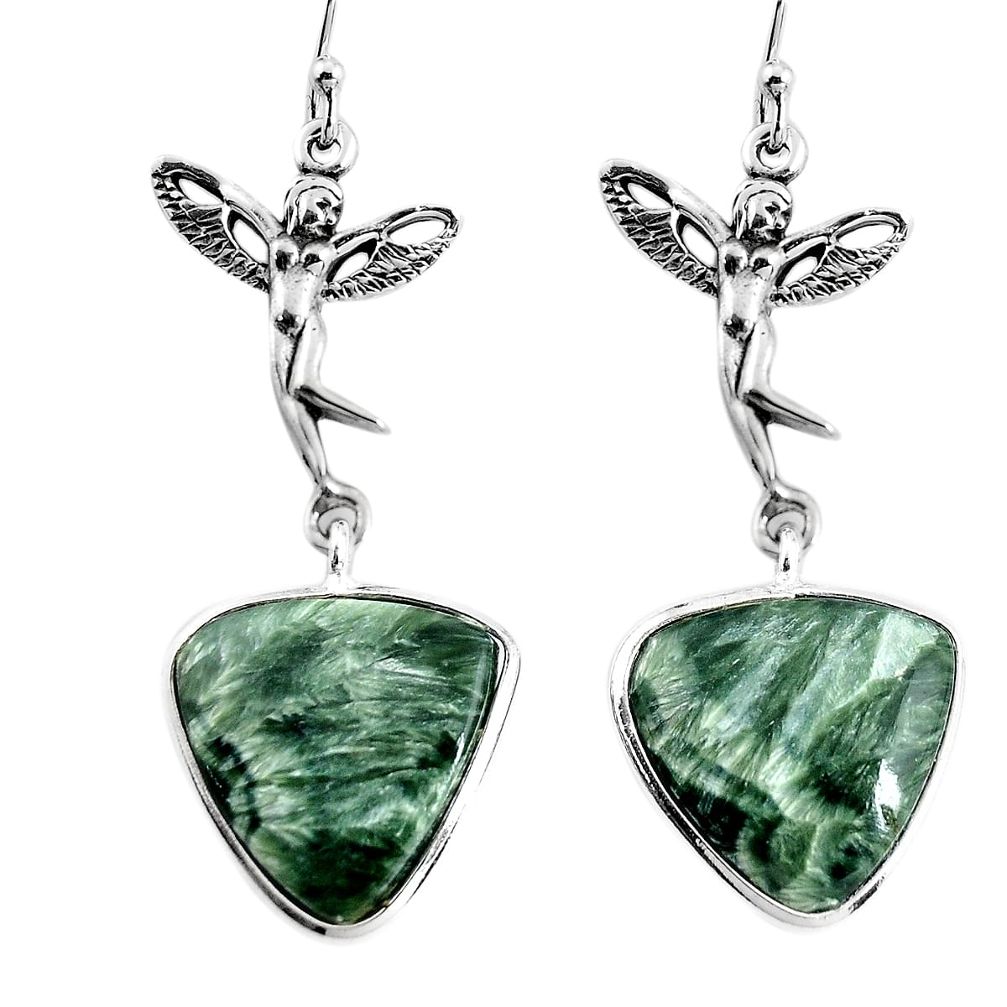 17.91cts natural green seraphinite 925 silver angel wings fairy earrings p91908