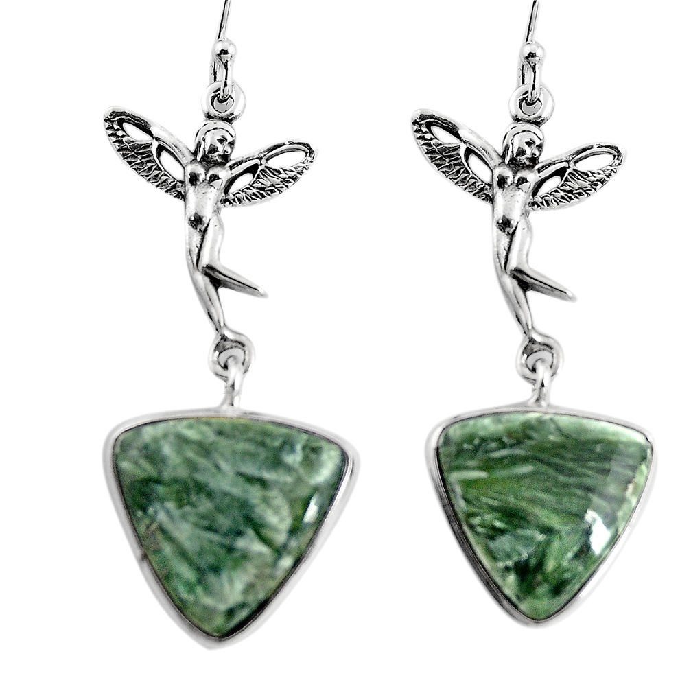 16.70cts natural green seraphinite 925 silver angel wings fairy earrings p91911