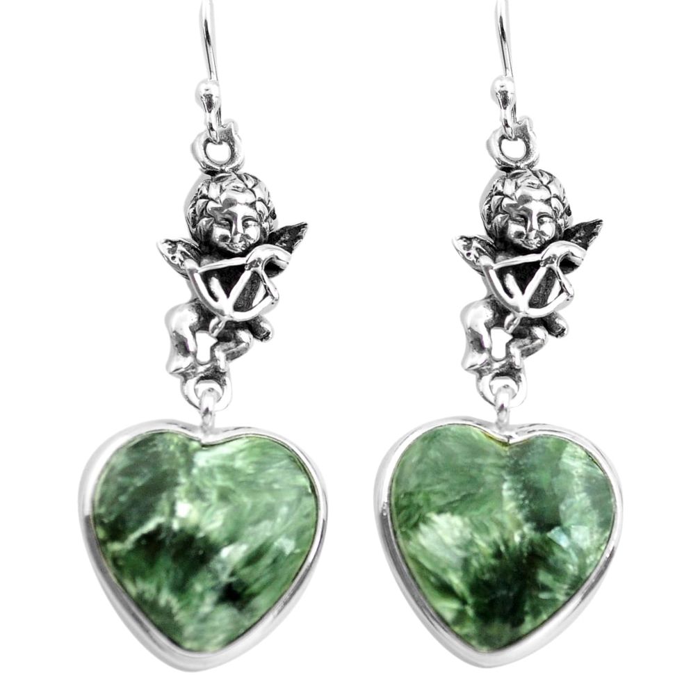 16.20cts natural green seraphinite 925 silver cupid angel wings earrings p72553
