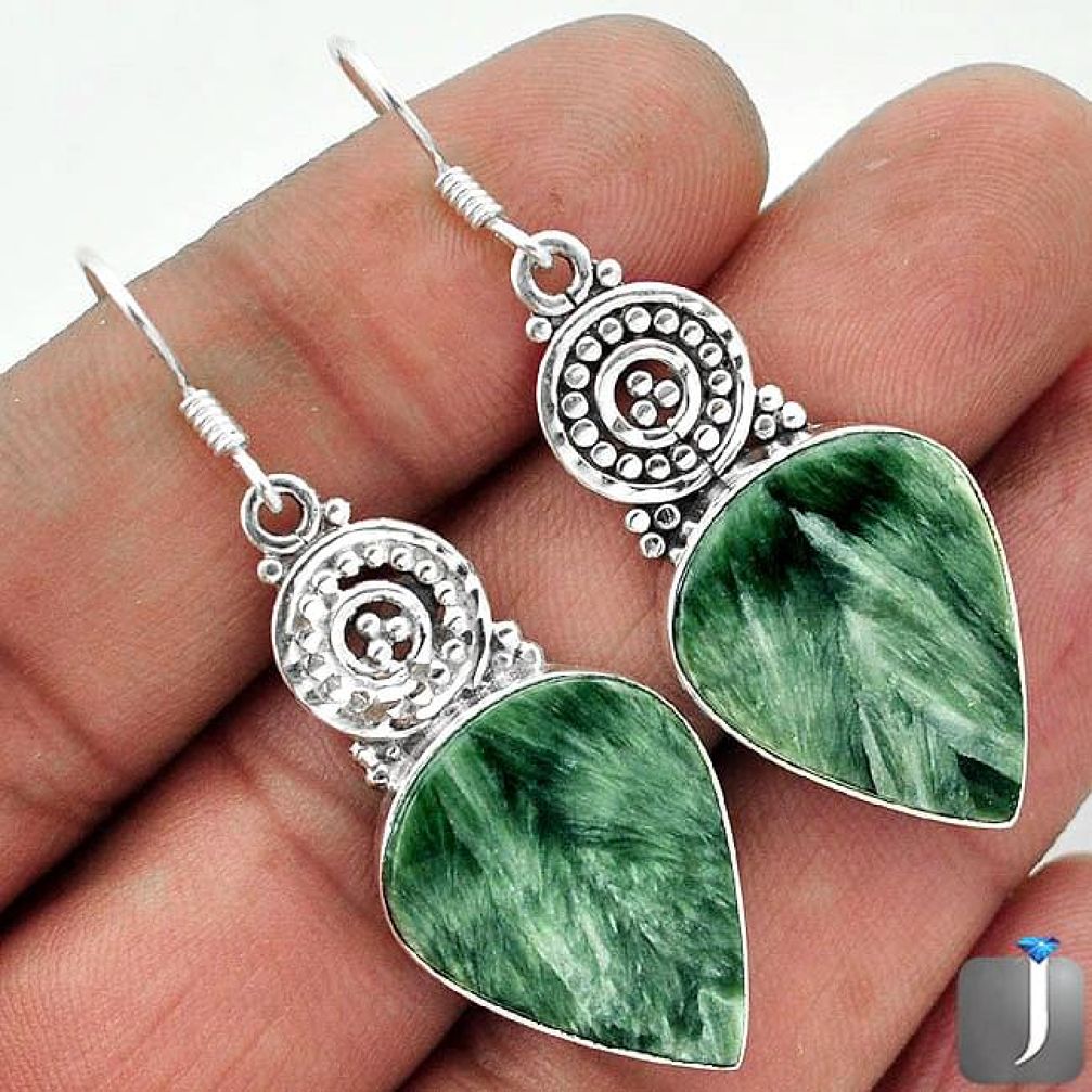 21.18cts NATURAL GREEN SERAPHINITE 925 STERLING SILVER DANGLE EARRINGS F10584