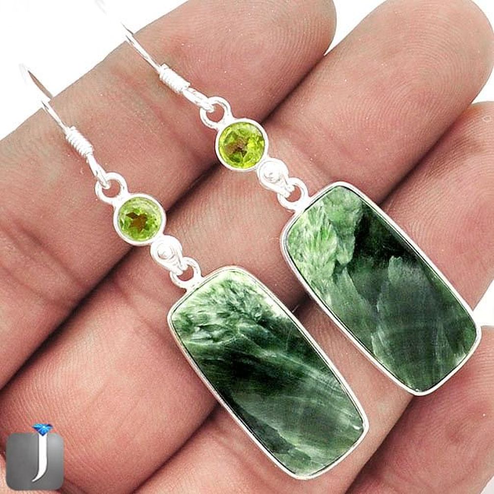 22.49cts NATURAL GREEN SERAPHINITE PERIDOT 925 SILVER DANGLE EARRINGS E88379