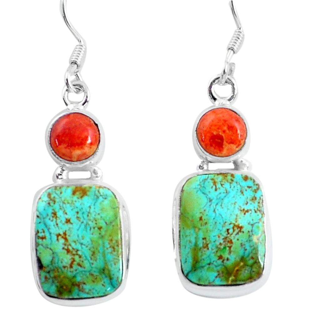 14.26cts natural green turquoise tibetan coral 925 silver dangle earrings d31514