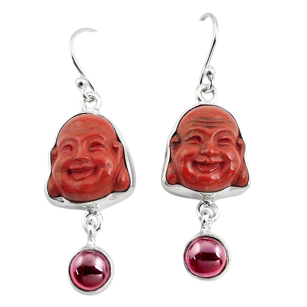 17.22cts natural jasper red garnet 925 silver buddha charm earrings p78121