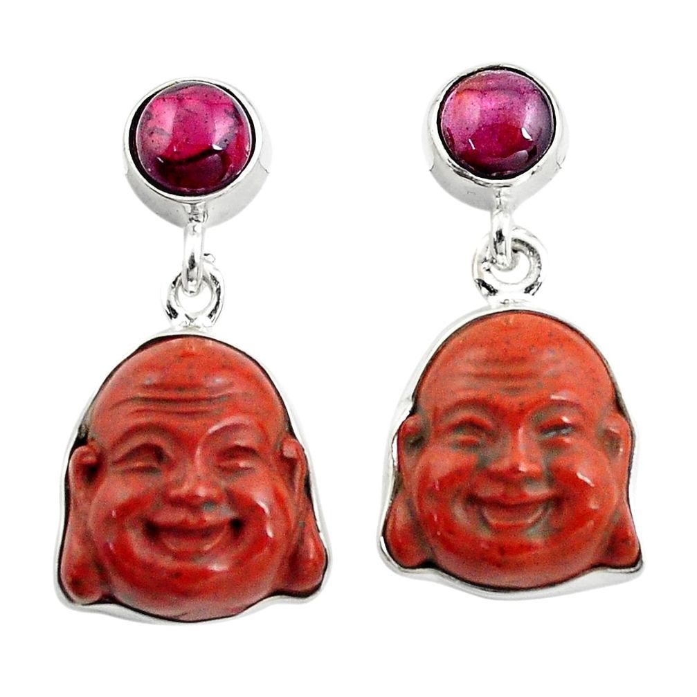17.22cts natural jasper red garnet 925 silver buddha charm earrings p78139