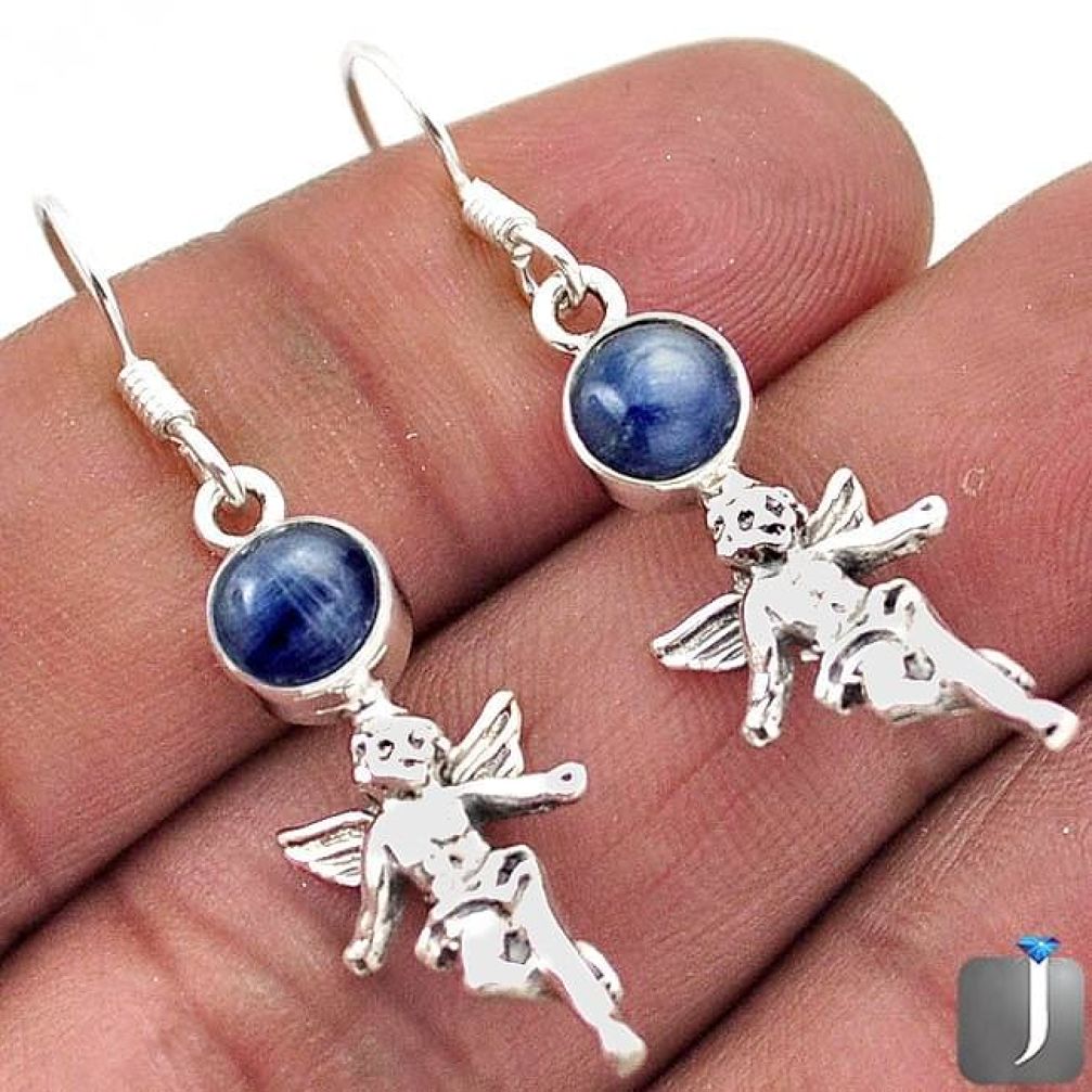 NATURAL MAGICAL BLUE IOLITE 925 SILVER CUPID ANGEL WINGS EARRINGS JEWELRY F57459