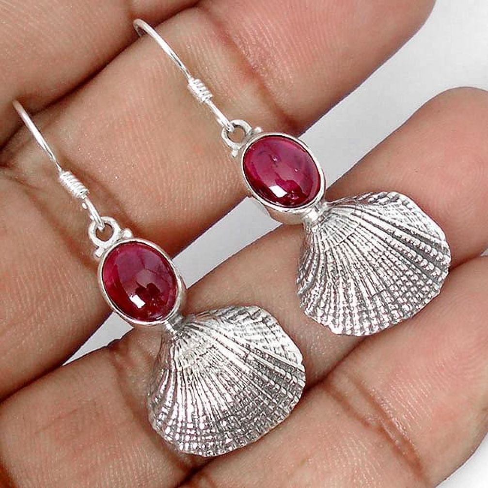 NATURAL MOZAMBIQUE RED GARNET 925 SILVER SEASHELL DANGLE EARRINGS JEWELRY G82284