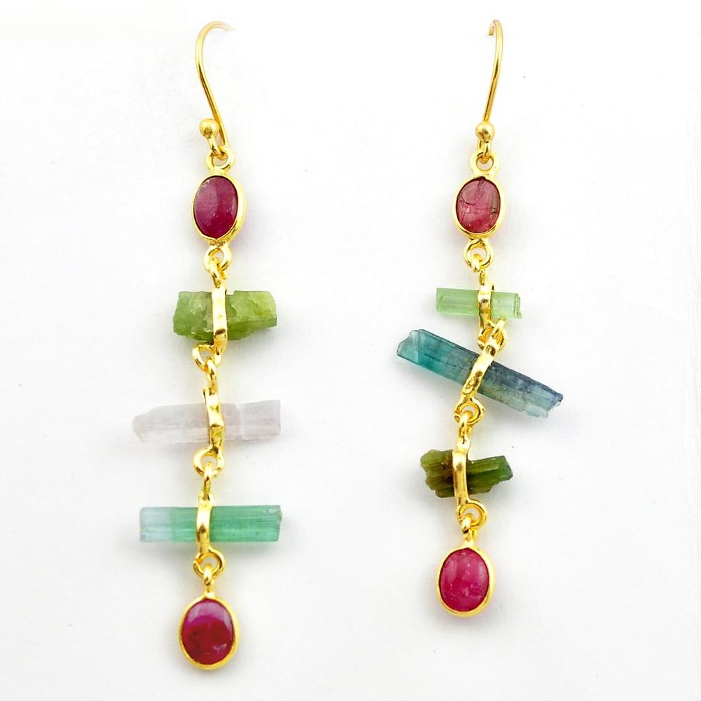 14.30cts natural multicolor tourmaline rough 925 silver 14k gold earrings p75176