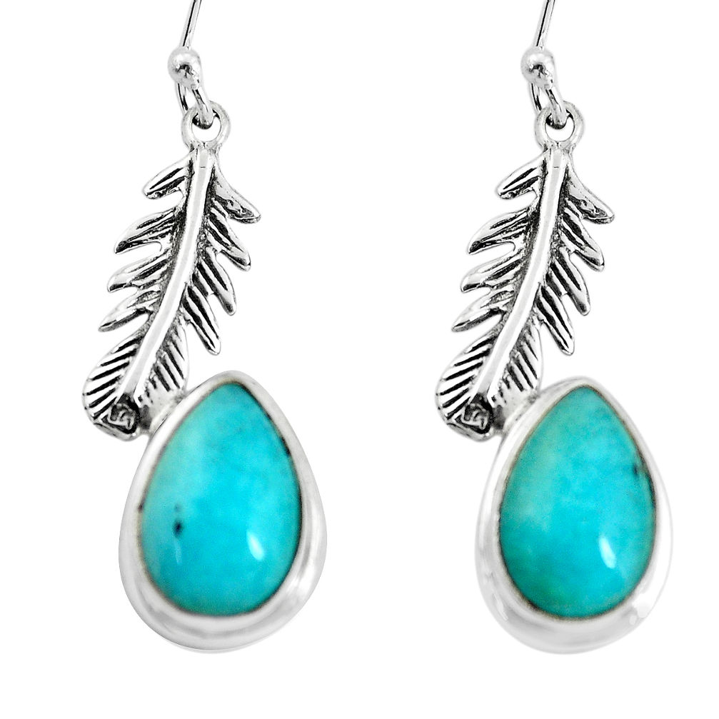 8.54cts natural peruvian amazonite silver dangle feather charm earrings p55493
