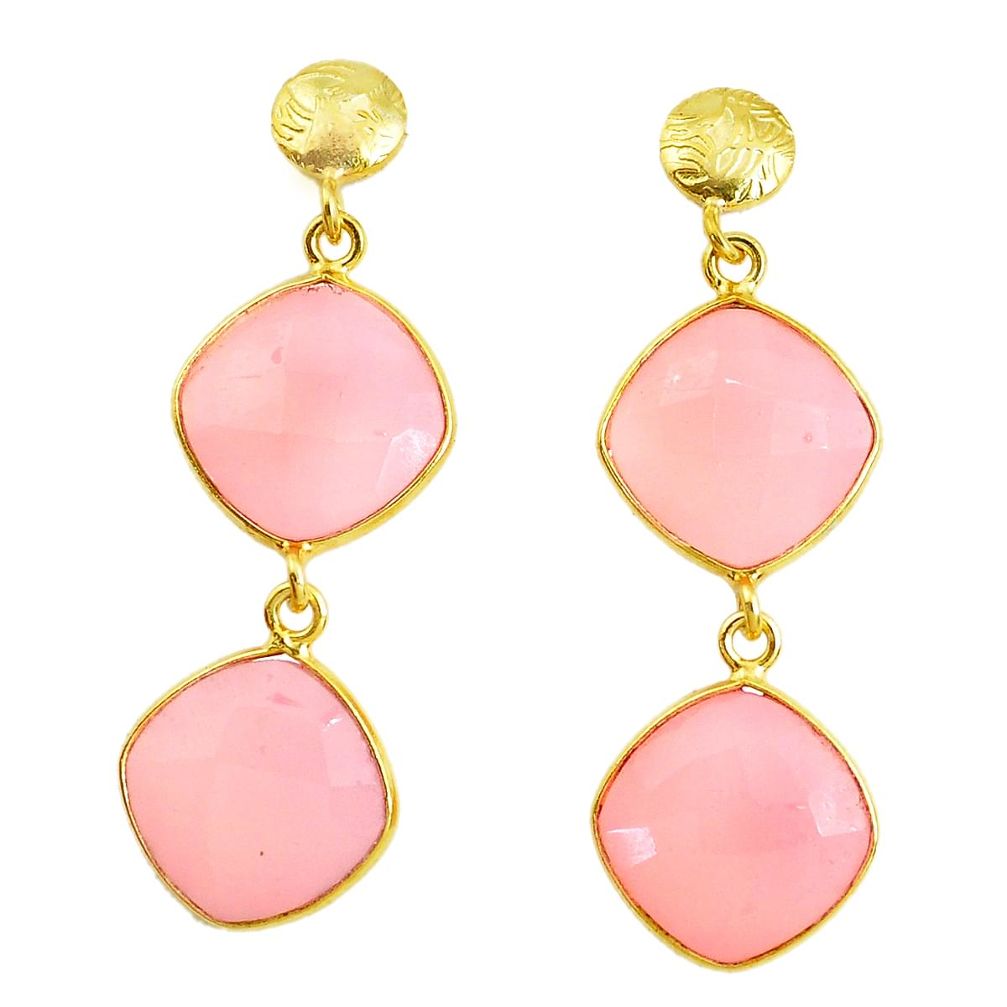 21.01cts natural pink chalcedony 925 silver 14k gold dangle earrings p43703