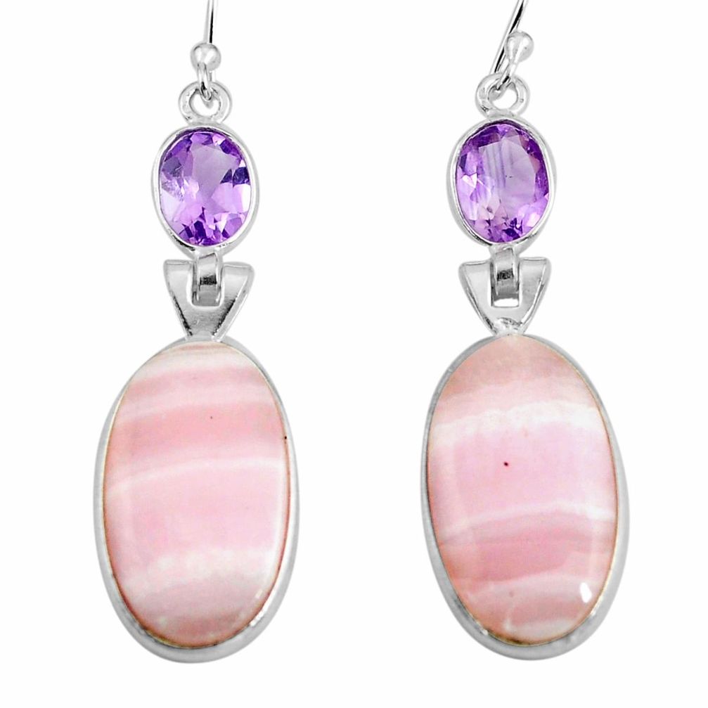 18.36cts natural pink lace agate amethyst 925 silver dangle earrings p78481