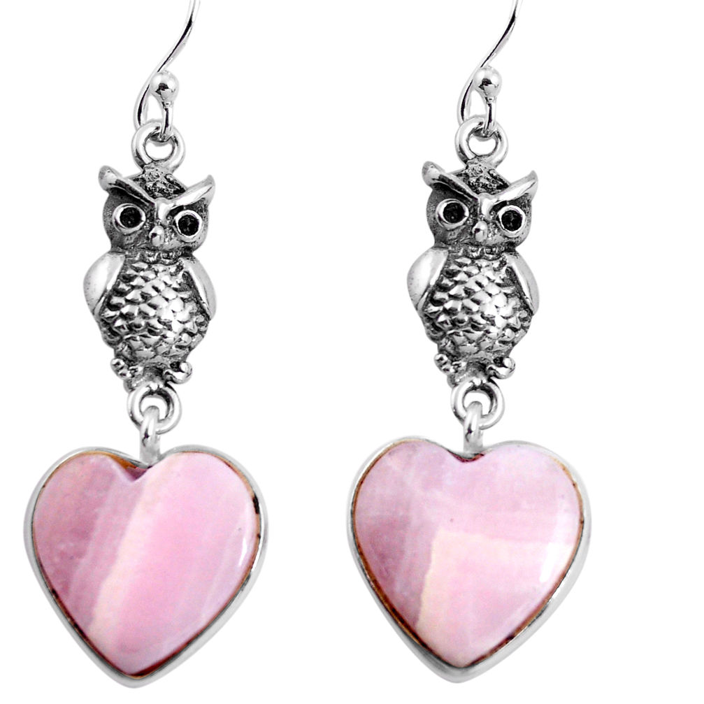 16.88cts natural pink lace agate heart 925 silver owl earrings jewelry p91820