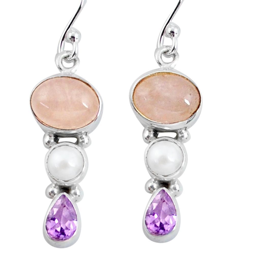 9.83cts natural pink morganite amethyst pearl 925 silver dangle earrings p57537