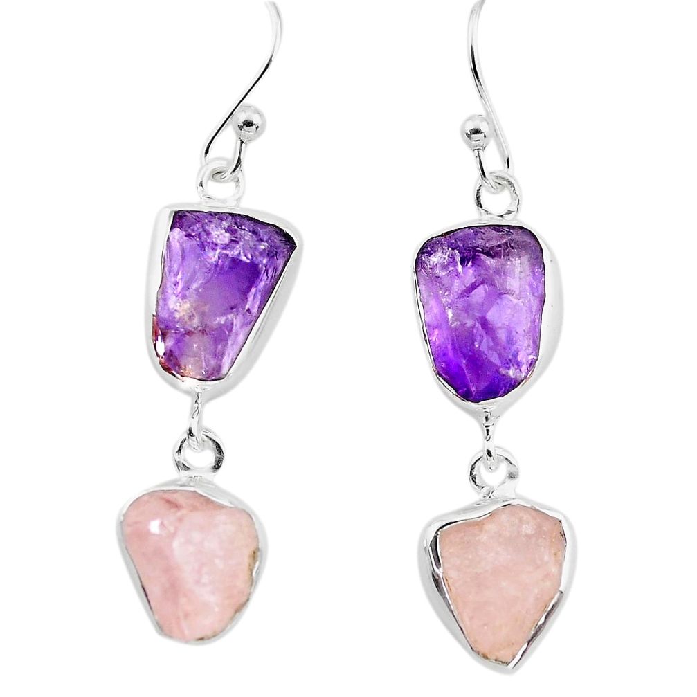 14.40cts natural pink morganite rough amethyst rough 925 silver earrings p73834