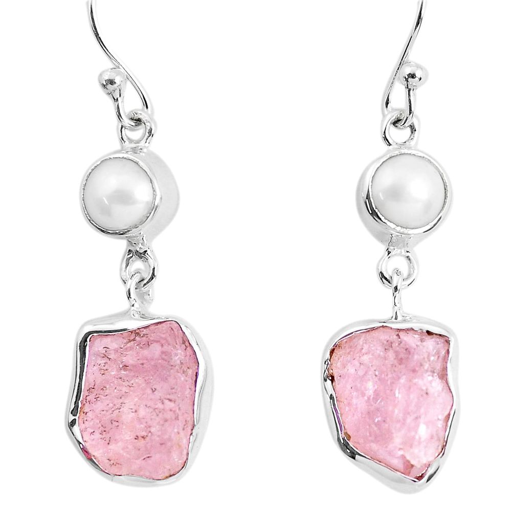 12.96cts natural pink morganite rough pearl 925 silver dangle earrings p51709
