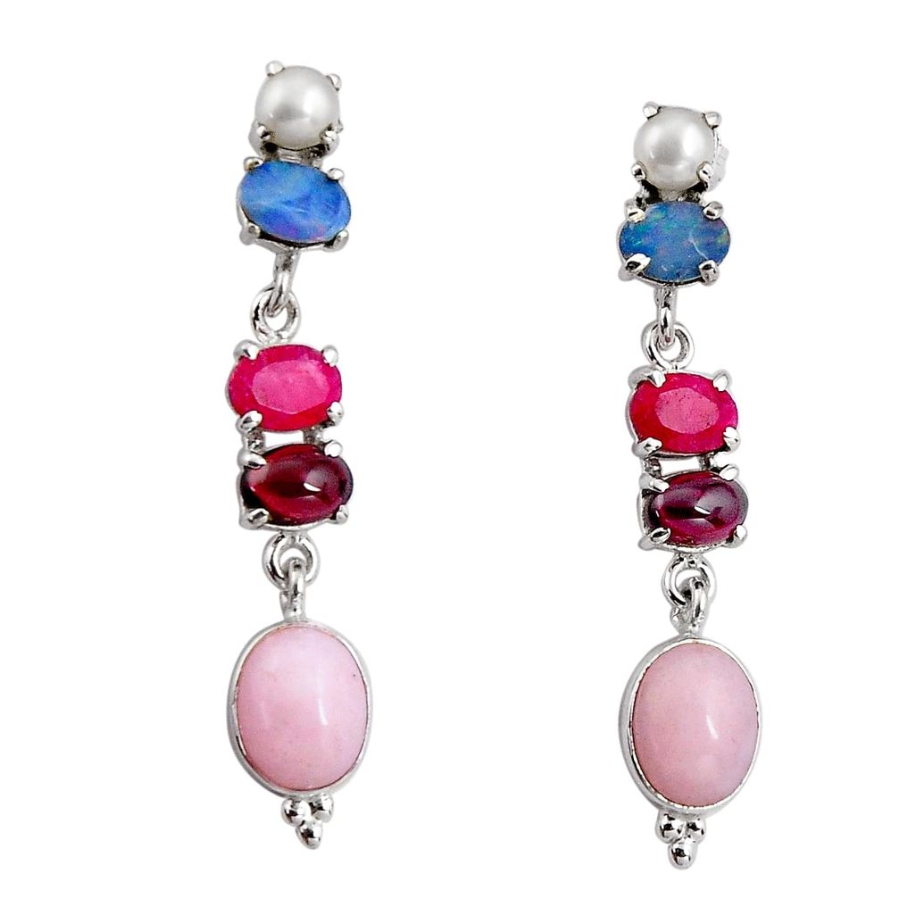 14.39cts natural pink opal ruby garnet pearl 925 silver dangle earrings d32304