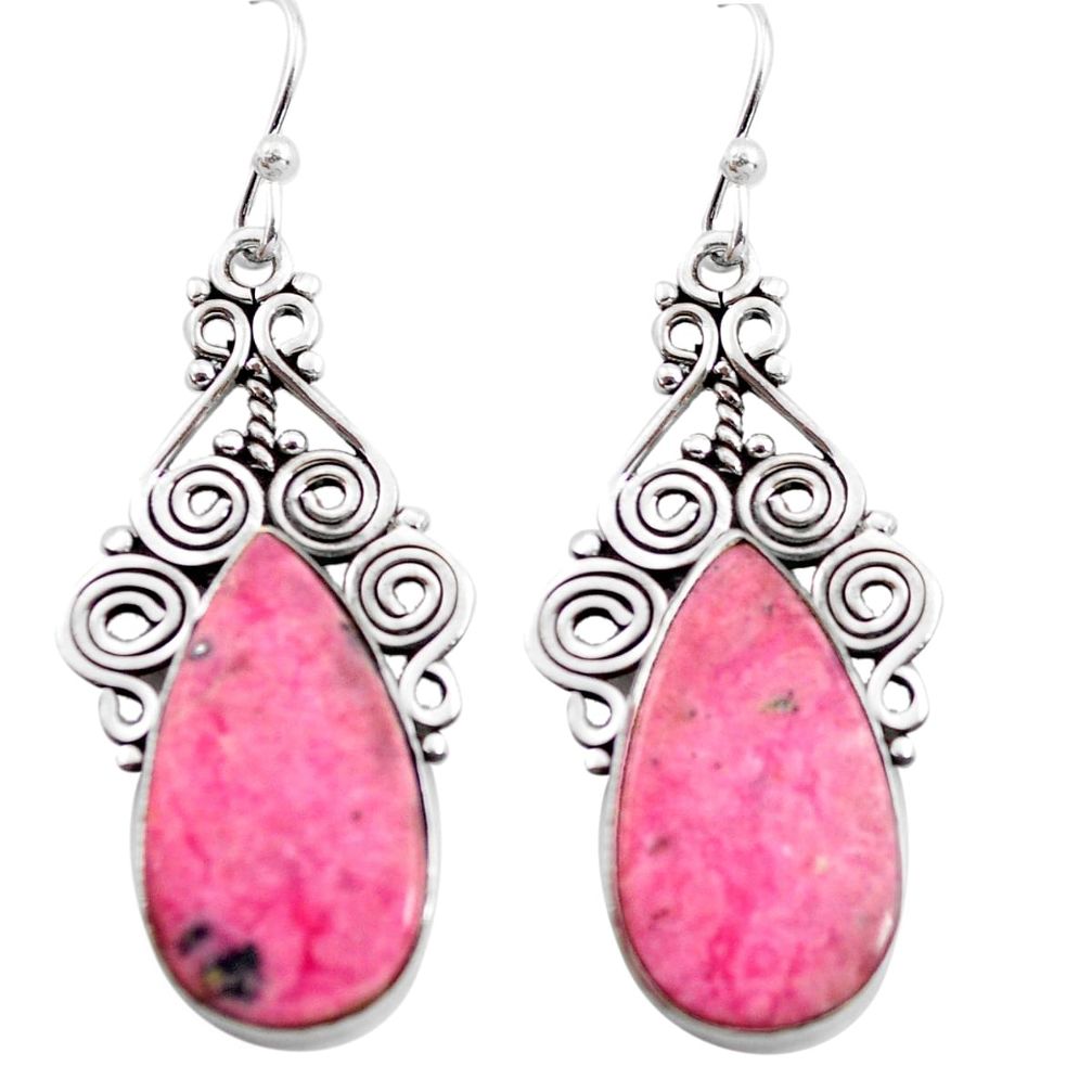 19.27cts natural pink rhodonite in black manganese 925 silver earrings p72642