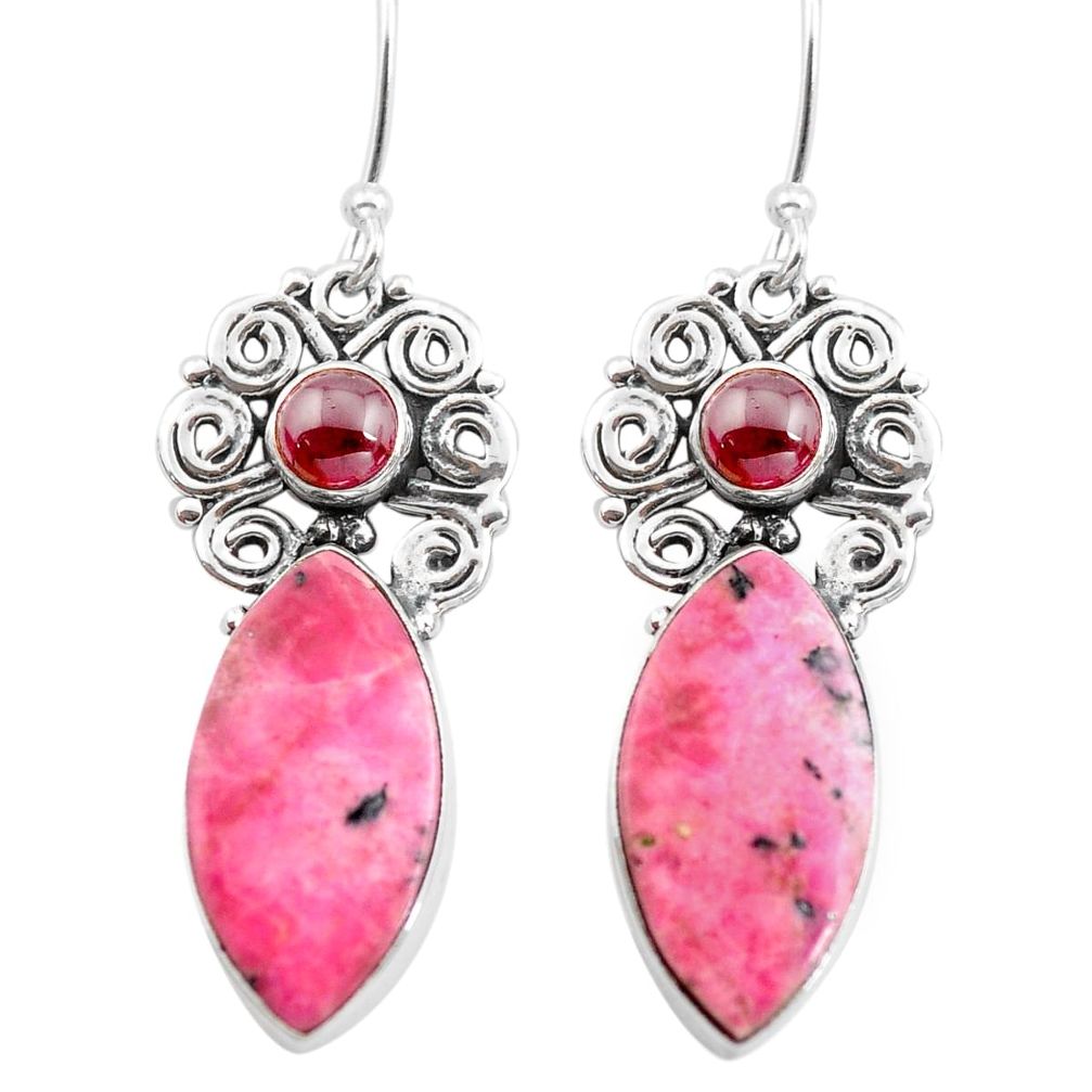 16.54cts natural pink rhodonite in black manganese 925 silver earrings p72644