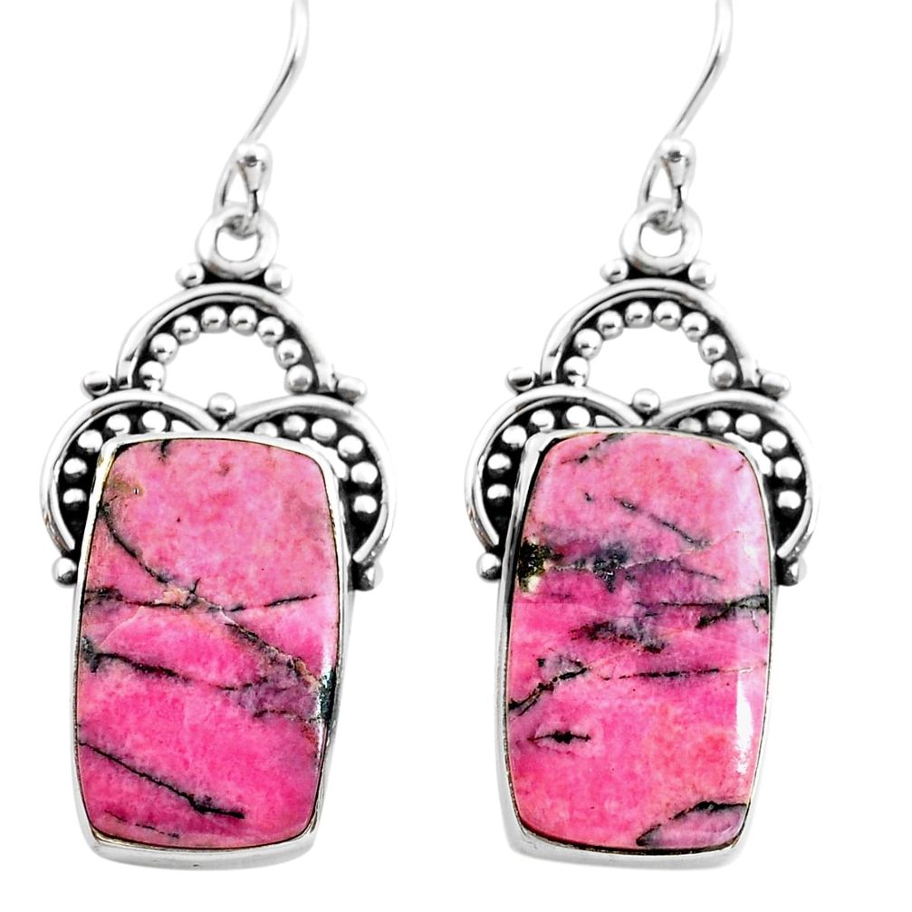 19.23cts natural pink rhodonite in black manganese 925 silver earrings p72649