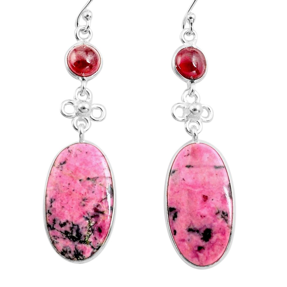 21.41cts natural pink rhodonite in black manganese 925 silver earrings p78492