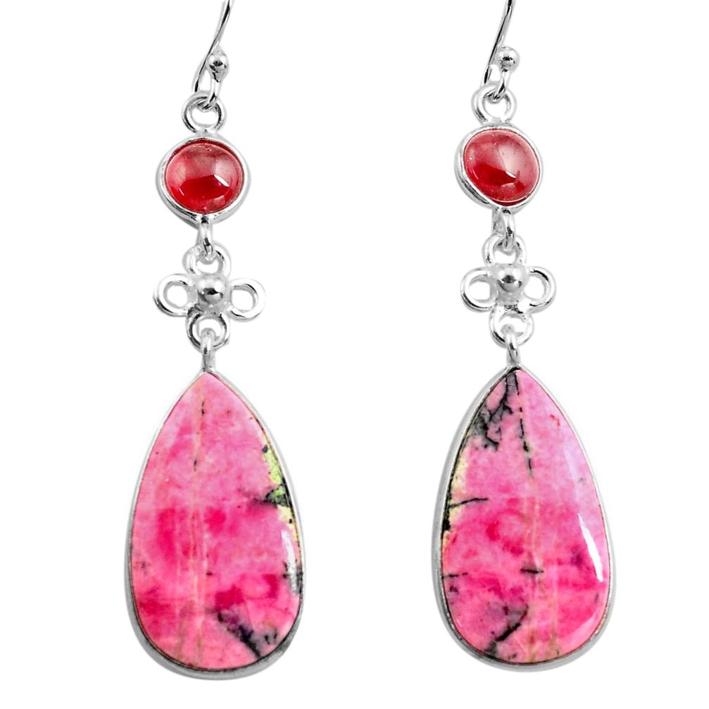 21.41cts natural pink rhodonite in black manganese 925 silver earrings p78497