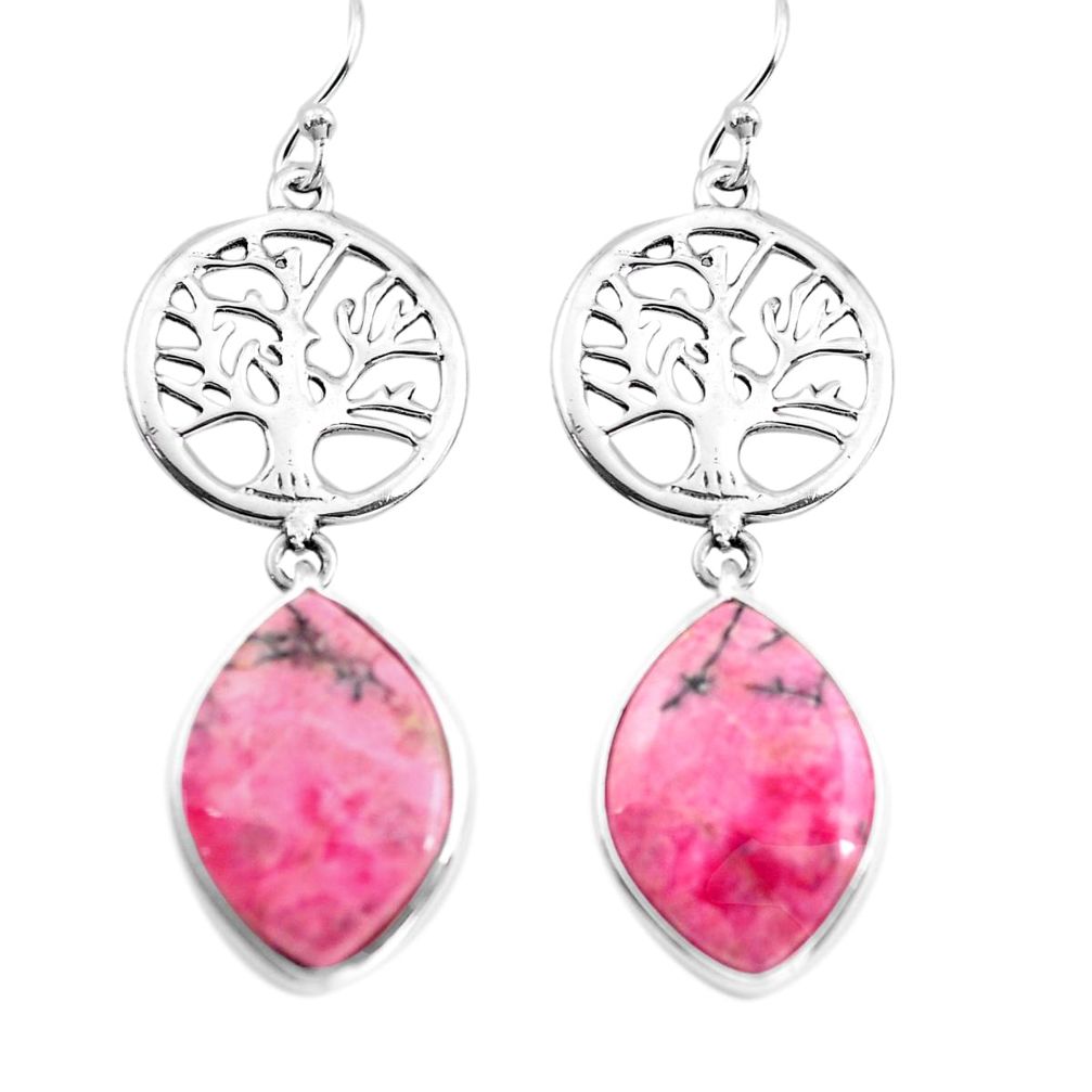 Natural pink rhodonite in black manganese silver tree of life earrings p72521