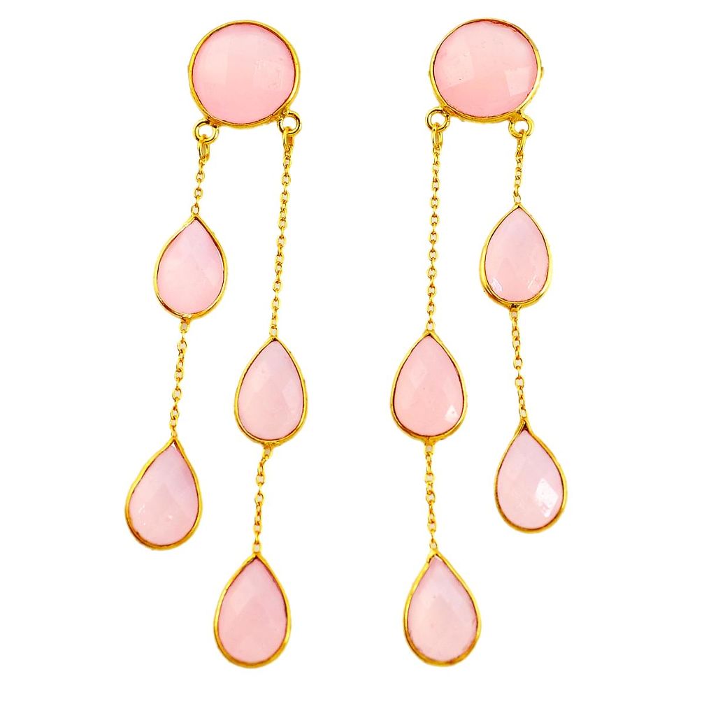 36.00cts natural pink rose quartz 925 silver 14k gold chandelier earrings p49744