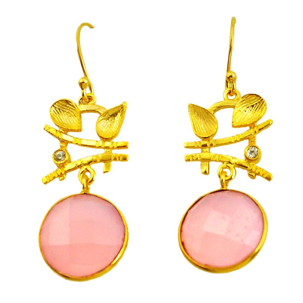 18.60cts natural pink rose quartz 925 silver 14k gold chandelier earrings p49781