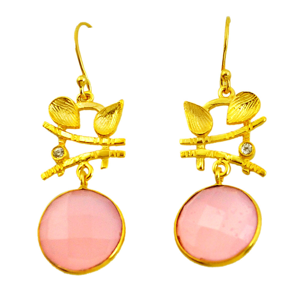 18.60cts natural pink rose quartz 925 silver 14k gold chandelier earrings p49783