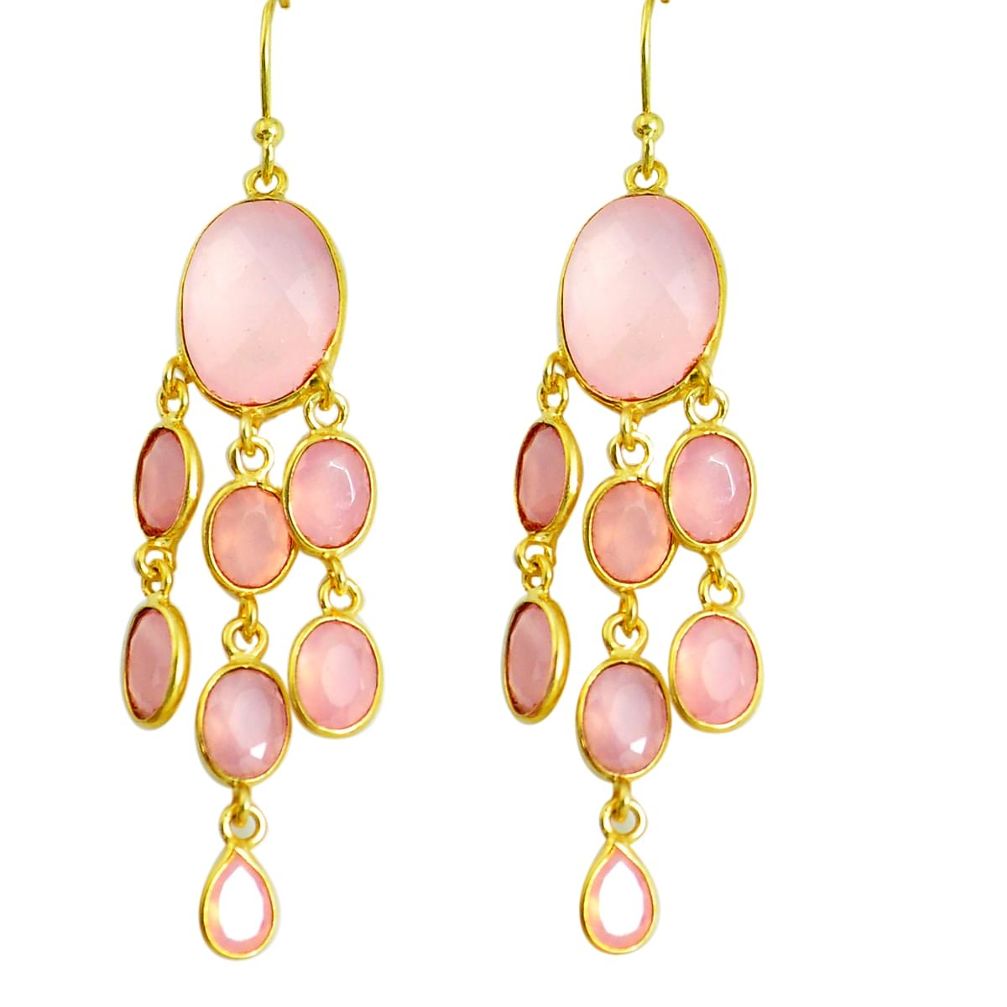 19.68cts natural pink rose quartz 925 silver 14k gold dangle earrings d31681