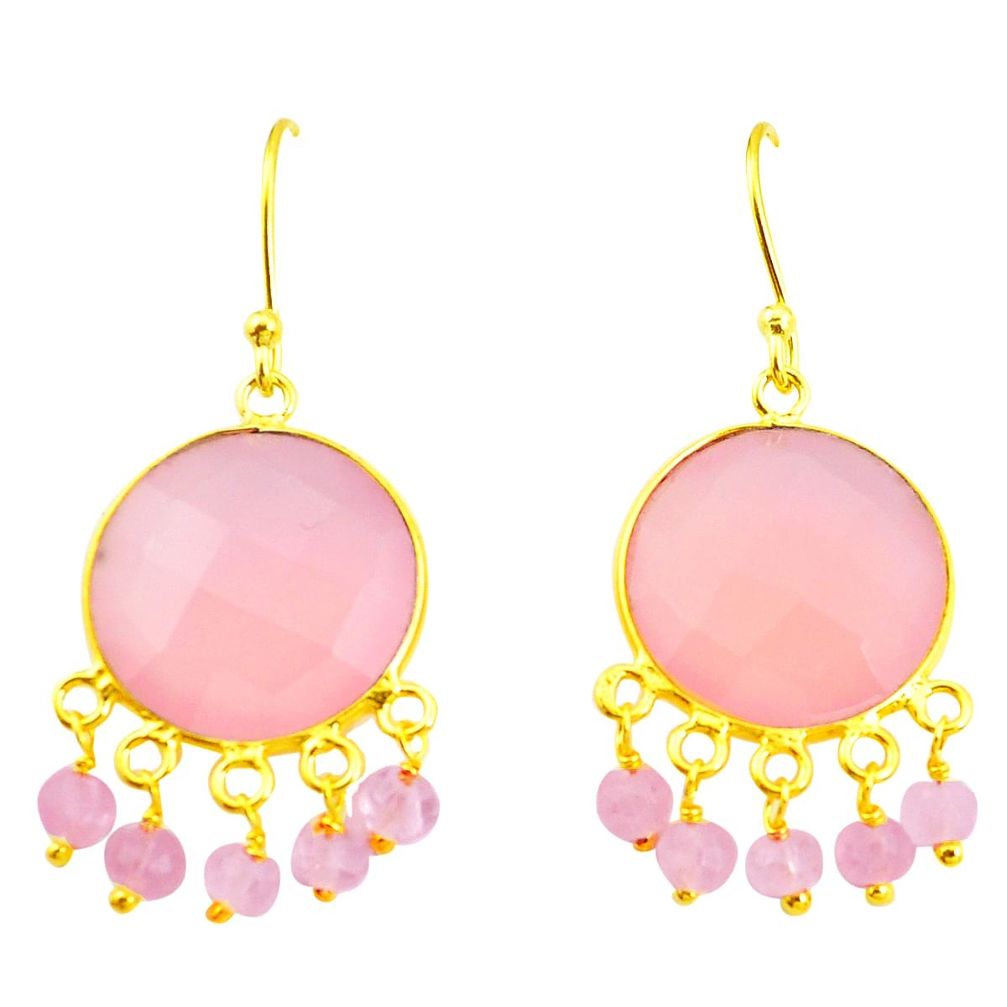 20.74cts natural pink rose quartz 925 silver 14k gold dangle earrings p50085