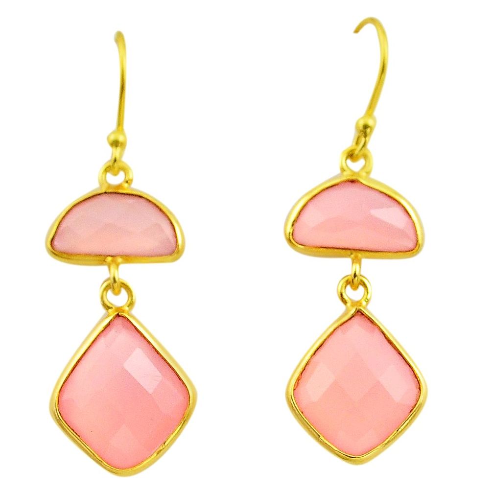 12.99cts natural pink rose quartz 925 silver 14k gold dangle earrings p75197