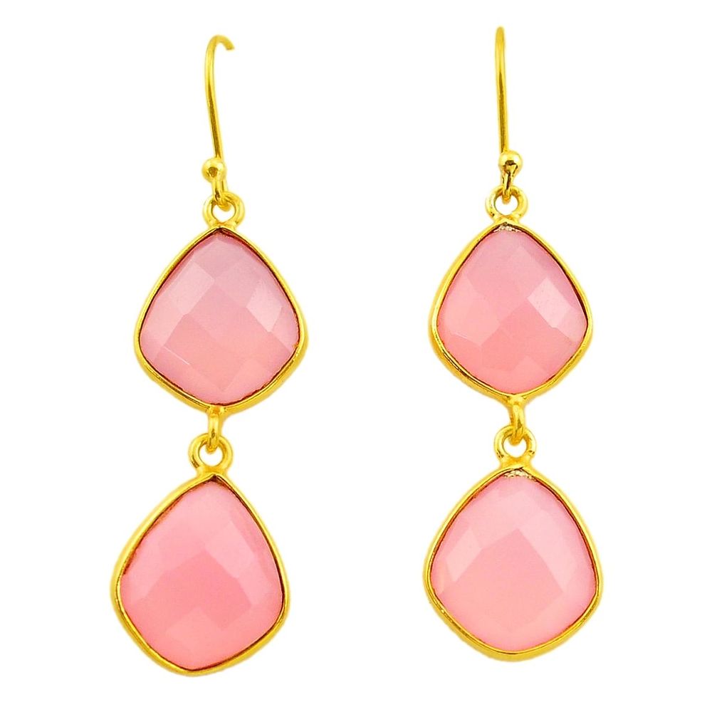 20.74cts natural pink rose quartz 925 silver 14k gold dangle earrings p75213