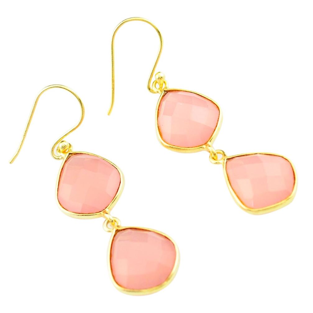 21.53cts natural pink rose quartz 925 silver 14k gold dangle earrings p75503