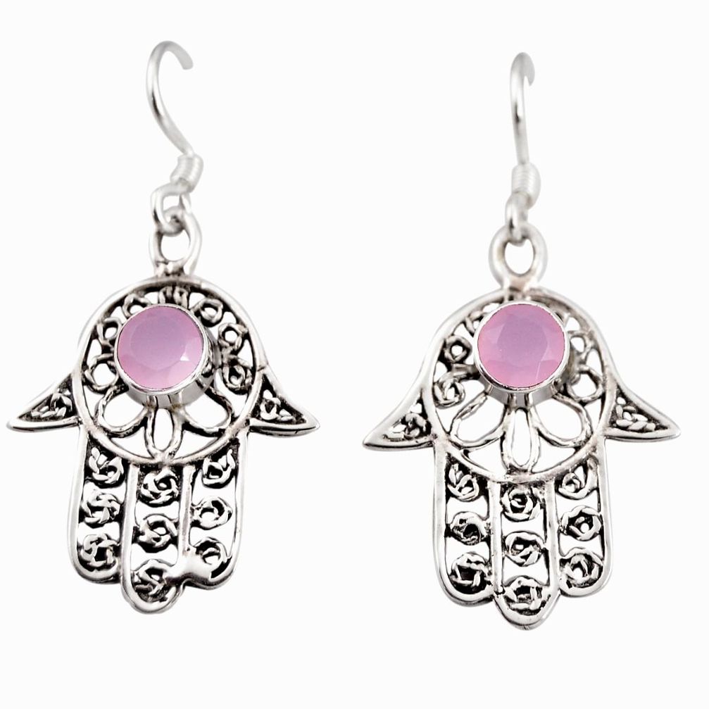 2.12cts natural pink rose quartz 925 silver hand of god hamsa earrings c5526