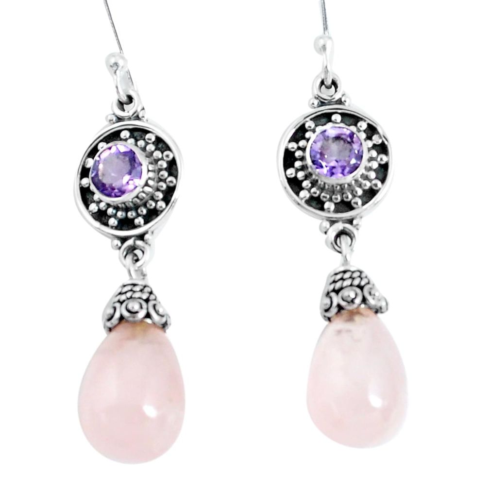 19.29cts natural pink rose quartz amethyst 925 silver dangle earrings d31674