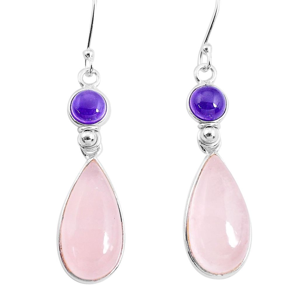 19.76cts natural pink rose quartz amethyst 925 silver dangle earrings p47921