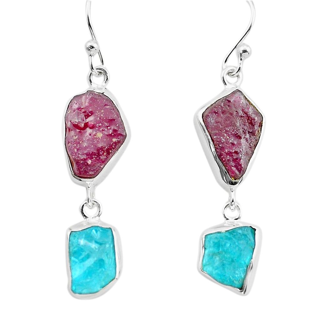 15.55cts natural pink ruby rough apatite rough 925 silver dangle earrings p73842