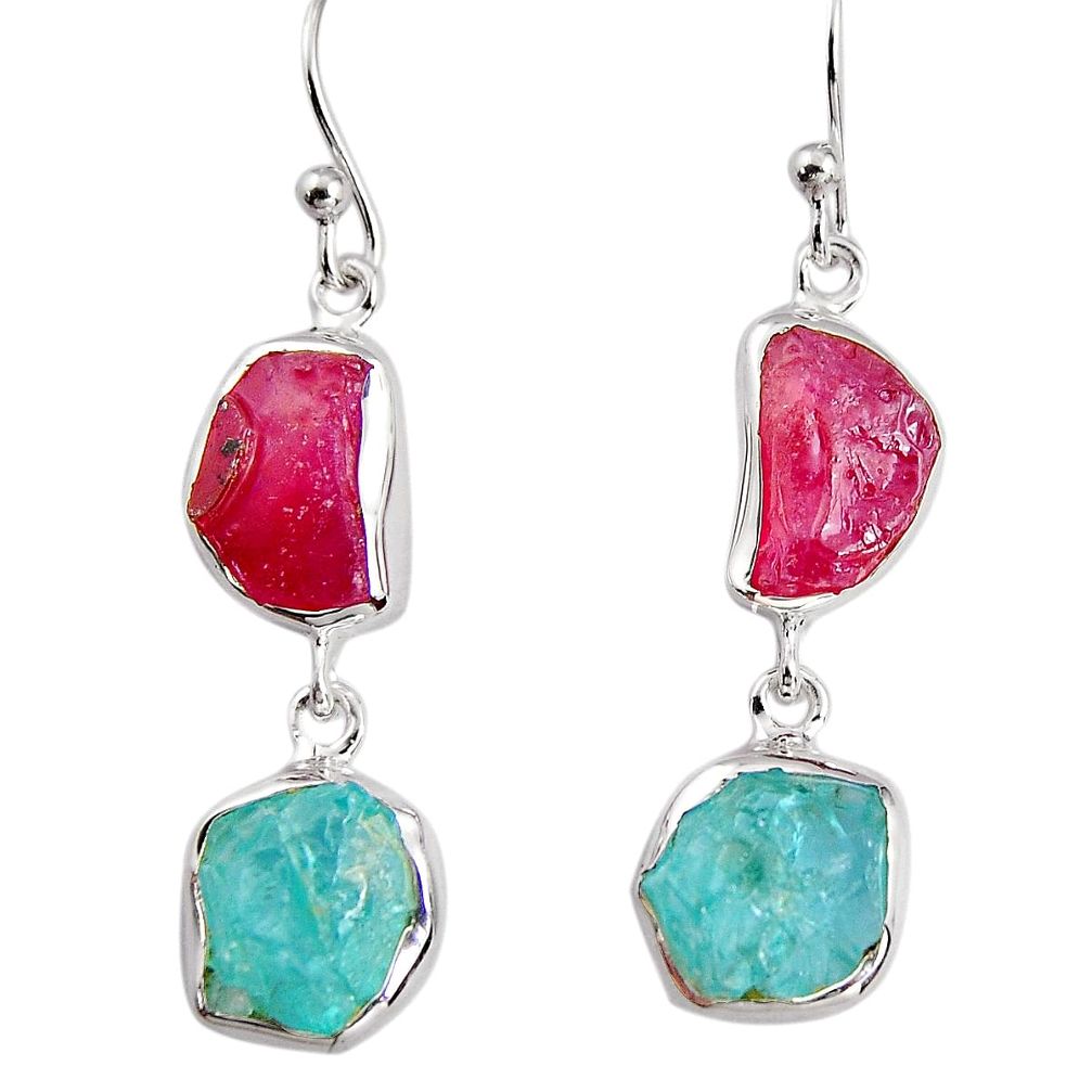 14.72cts natural pink ruby rough apatite rough 925 silver dangle earrings p91563